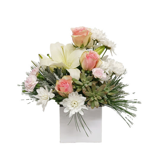 Lovely Lilies, Roses & Succulent Box Arrangement