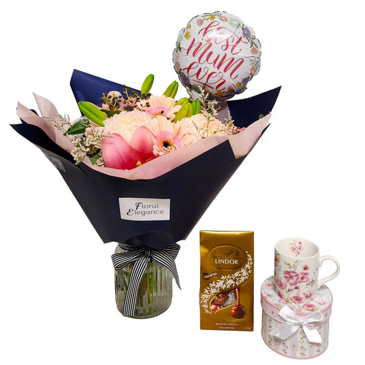 Mother's Day Bouquet, Coffee Cup, Chocolates & Balloon