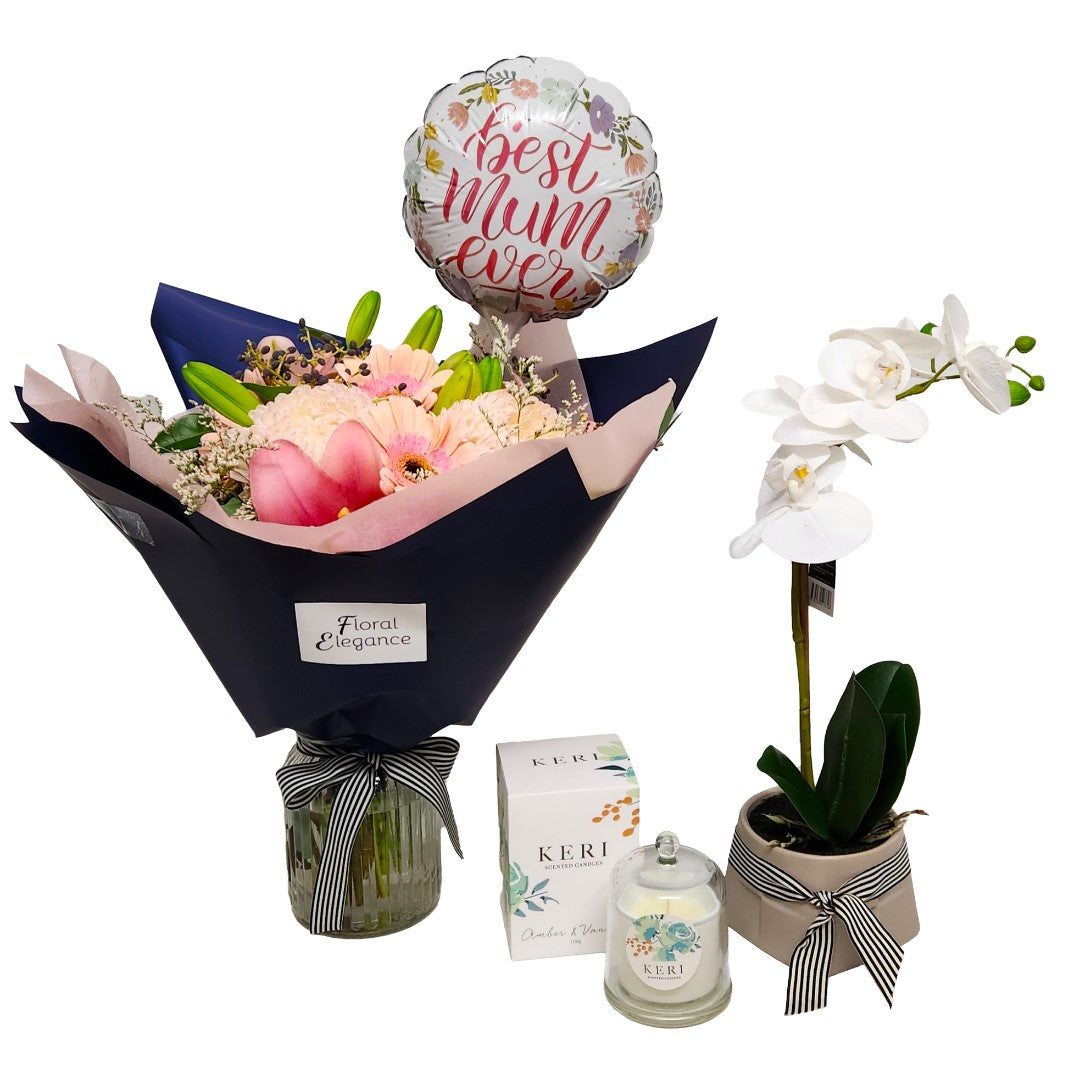 Mother's Day Bouquet, Orchid Plant, Candle & Balloon
