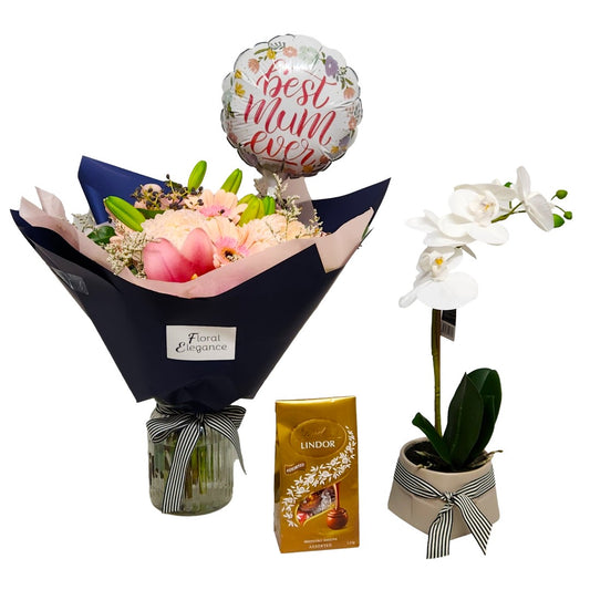 Mother's Day Bouquet, Orchid Plant, Chocolate & Balloon
