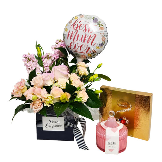 Lovely Mother's Day Bloom Box, Chocolates, Candle & Balloon